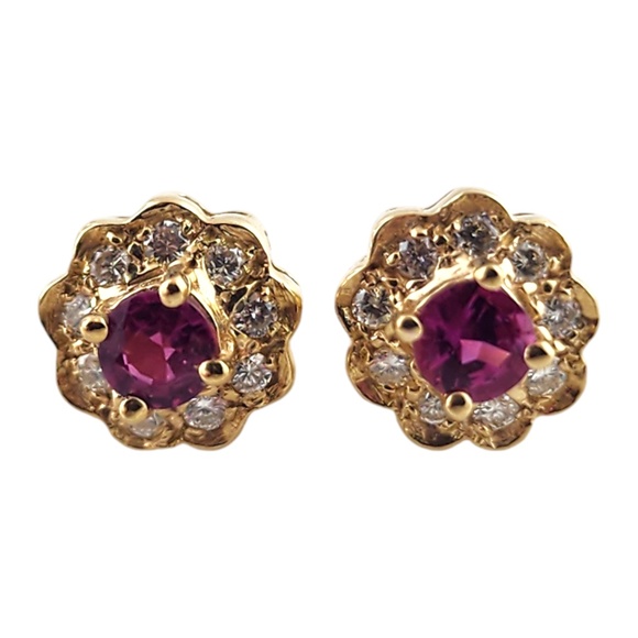 14 Karat Yellow Gold Diamond & Natural Pink Sapphire Halo Stud Earrings #19021 - Picture 1 of 8